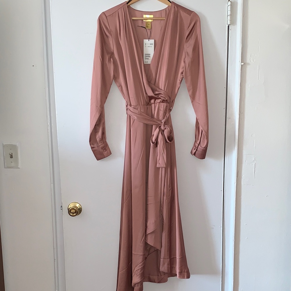 H&M Dusty Rose Copper Long Sleeve Wrap Dress